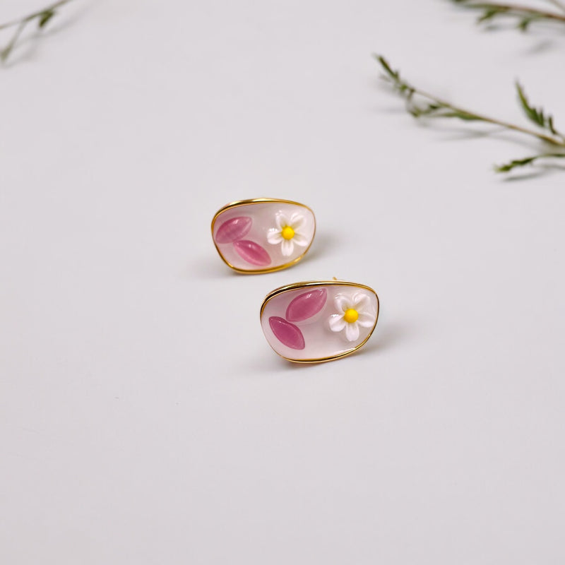 Flower with Pink Leaves Oval Earrings