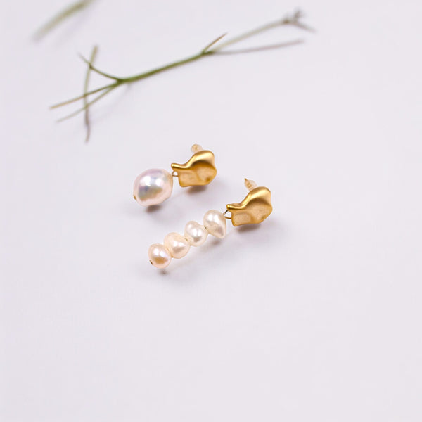 Asymmetrical Pearl with Irregular Metal Earrings