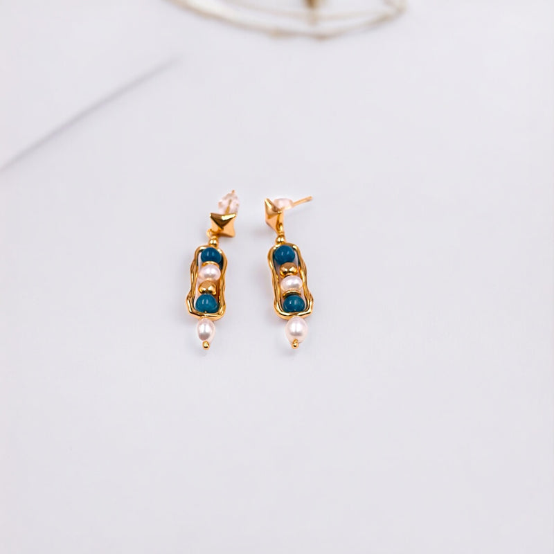 Rectangle Pearl and Blue Stone Earrings