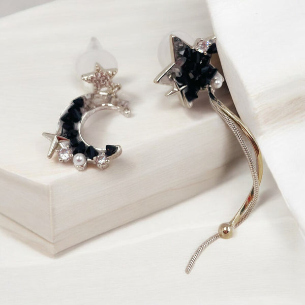 Asymmetrical Black Star and Moon Earrings