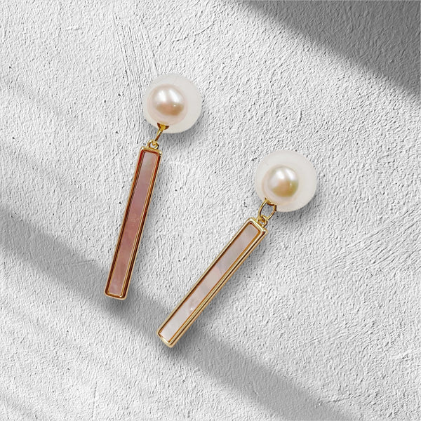 Pearl and Long Shell Bar Earrings