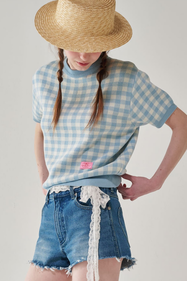 Gingham Short Sleeve Knit Pullover Top
