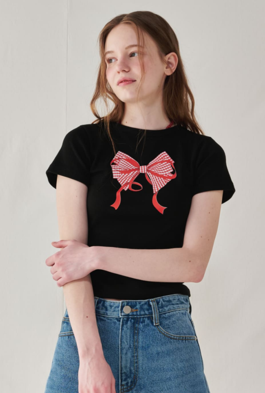 Gingham Double Ribbon Slim Crop T-shirt