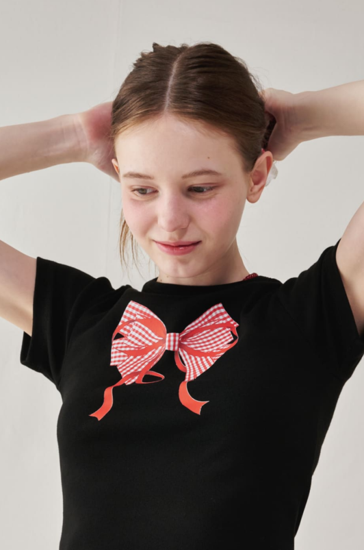 Gingham Double Ribbon Slim Crop T-shirt