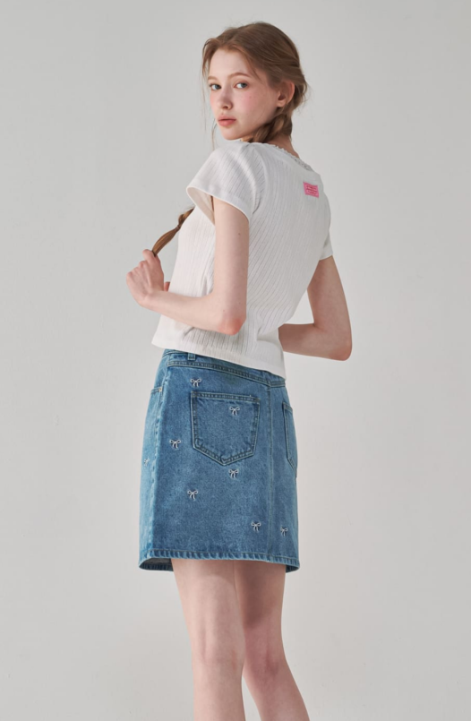 Ribbon Pattern Denim Short Skirt