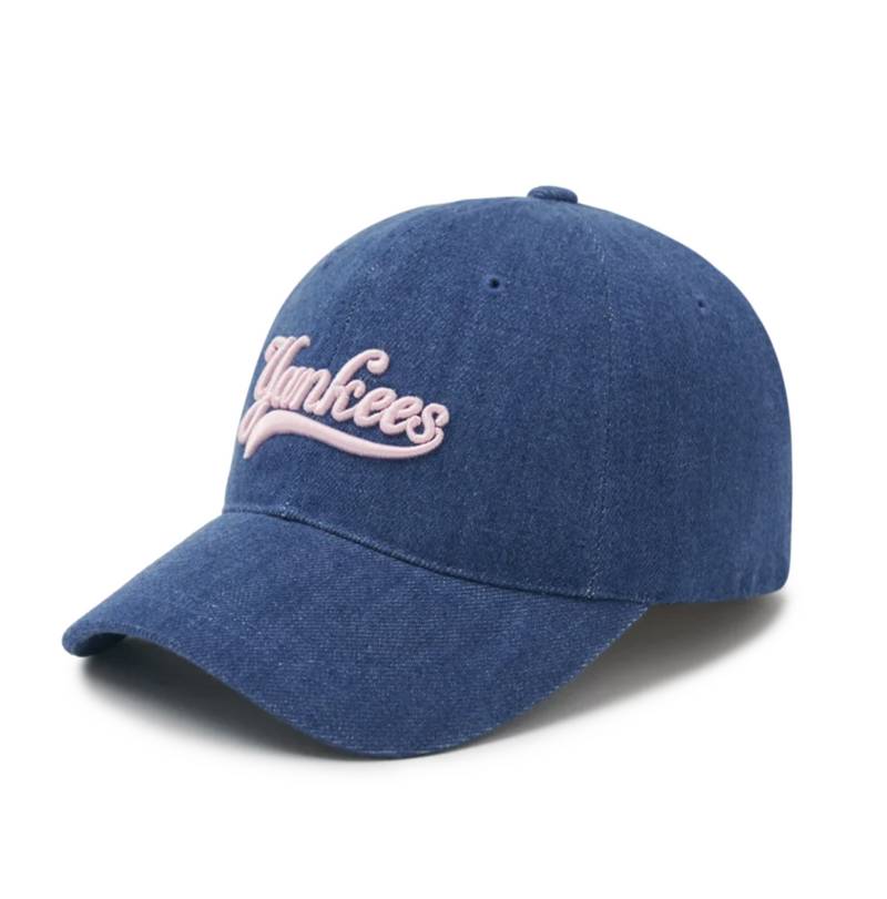 Cursive Lettering Denim Unstructured Ball Cap Yankees Dark Blue