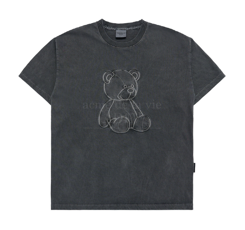 Bear Applique Pigment Washing Short Sleeve T-shirt Charcoal