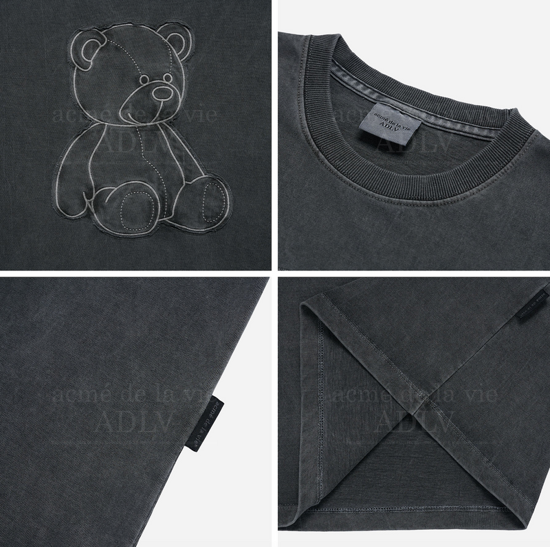 Bear Applique Pigment Washing Short Sleeve T-shirt Charcoal