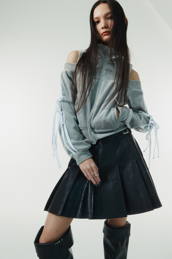 Belted Leather Pleats Skirt