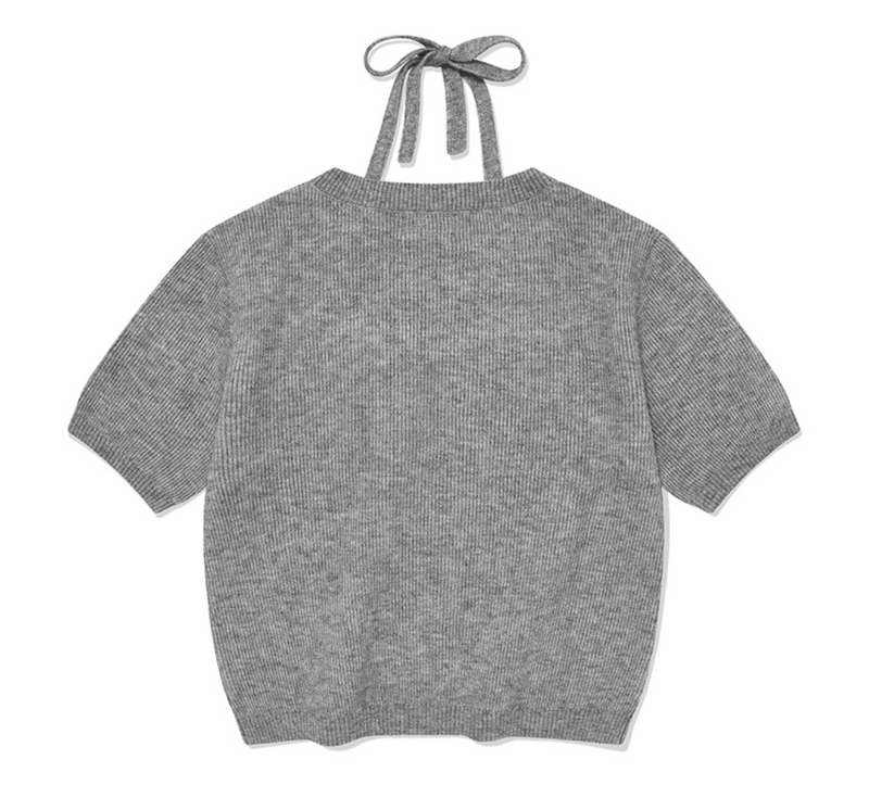 Women Halter-Neck Crop Half Sleeve Knit Heather Grey