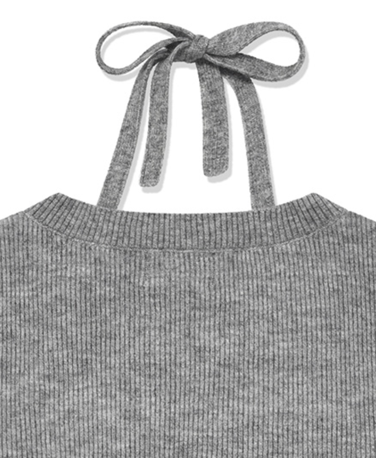 Women Halter-Neck Crop Half Sleeve Knit Heather Grey