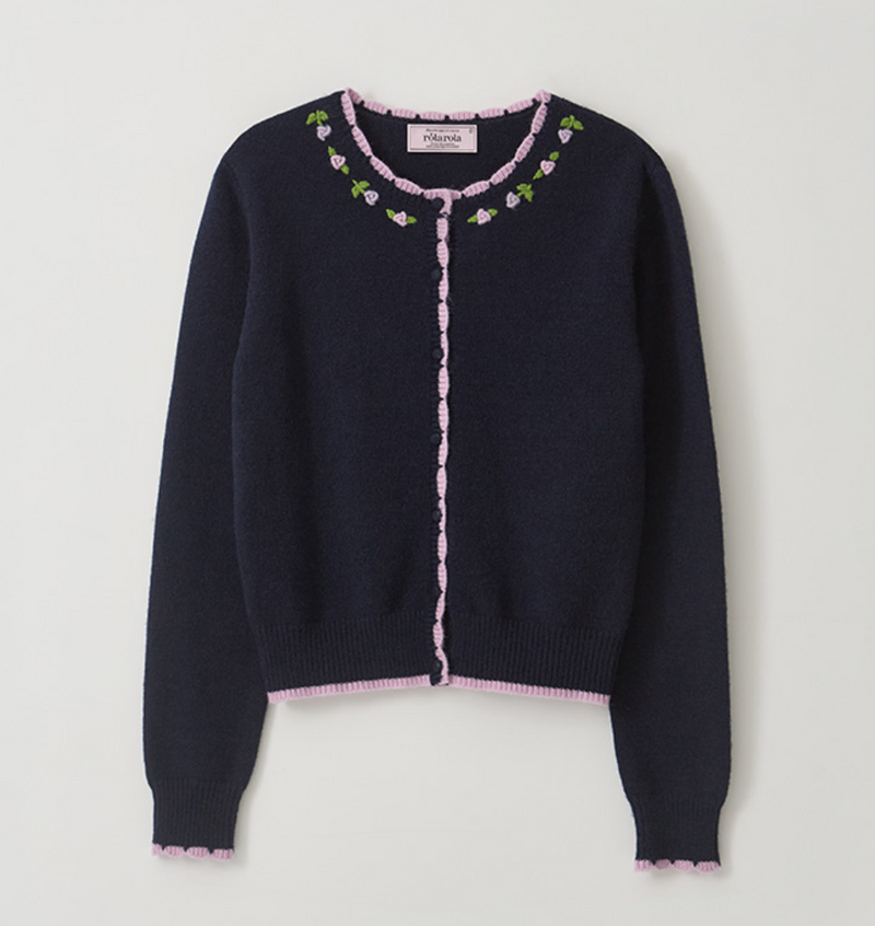 Hand Rose Embroidery Cardigan Navy