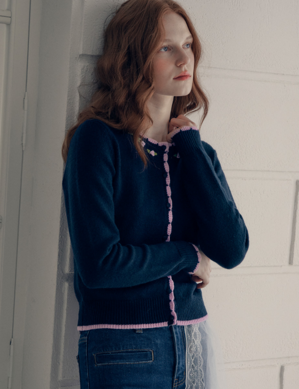 Hand Rose Embroidery Cardigan Navy