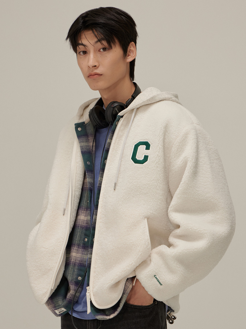 C Logo Collarless Sherpa Jacket Ivory