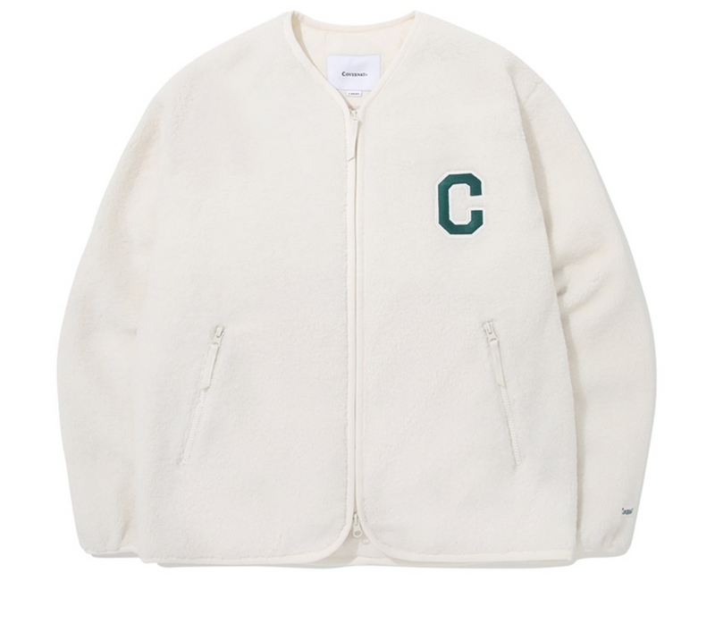 C Logo Collarless Sherpa Jacket Ivory