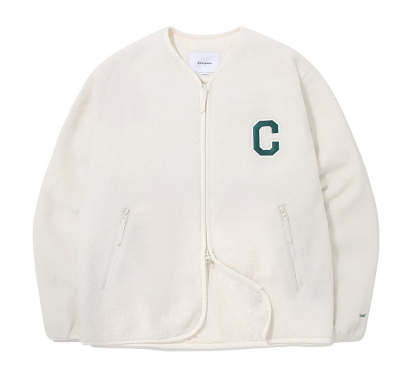 C Logo Collarless Sherpa Jacket Ivory