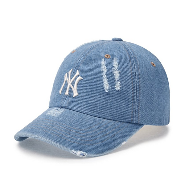 Damaged Washed Denim Unstructured Ball Cap NY Light Blue