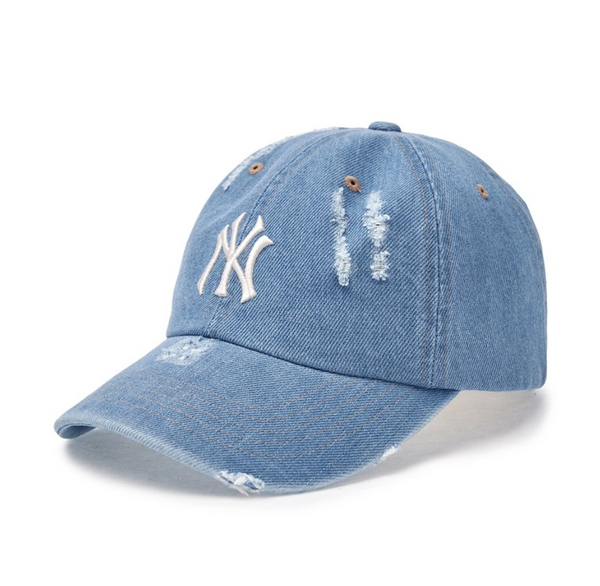 Damaged Washed Denim Unstructured Ball Cap NY Light Blue