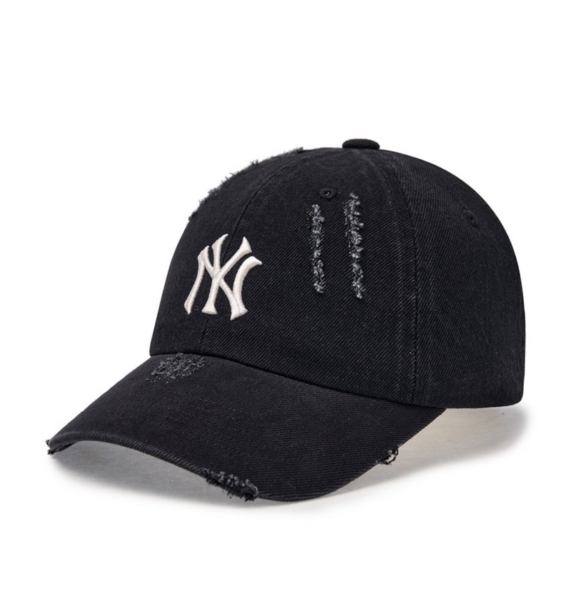 Damaged Washed Denim Unstructured Ball Cap NY Black