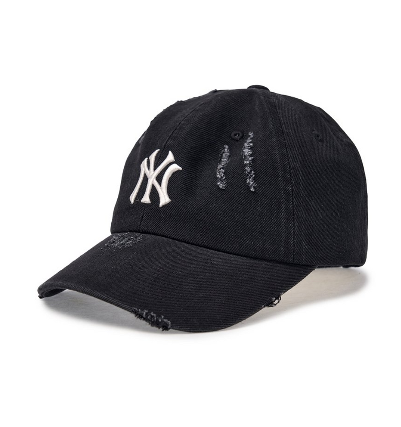 Damaged Washed Denim Unstructured Ball Cap NY Black