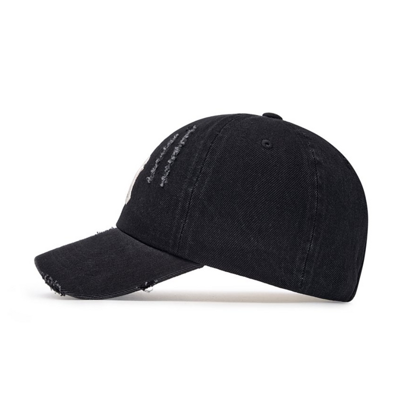 Damaged Washed Denim Unstructured Ball Cap NY Black