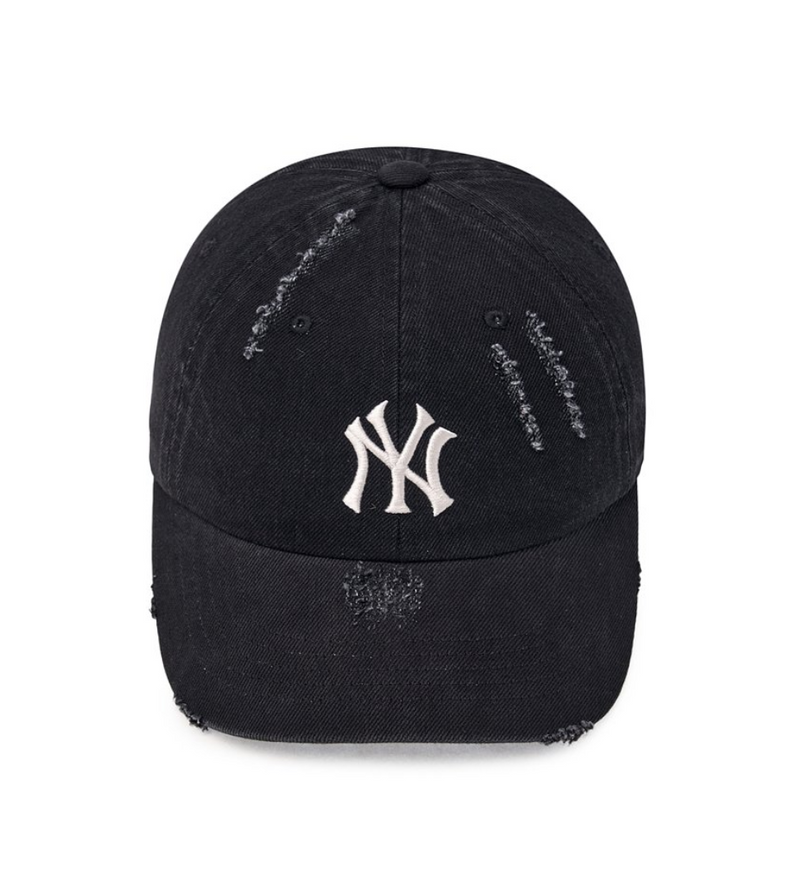 Damaged Washed Denim Unstructured Ball Cap NY Black