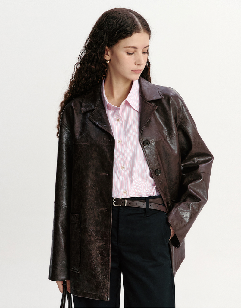 Overfit Leather Jacket Brown
