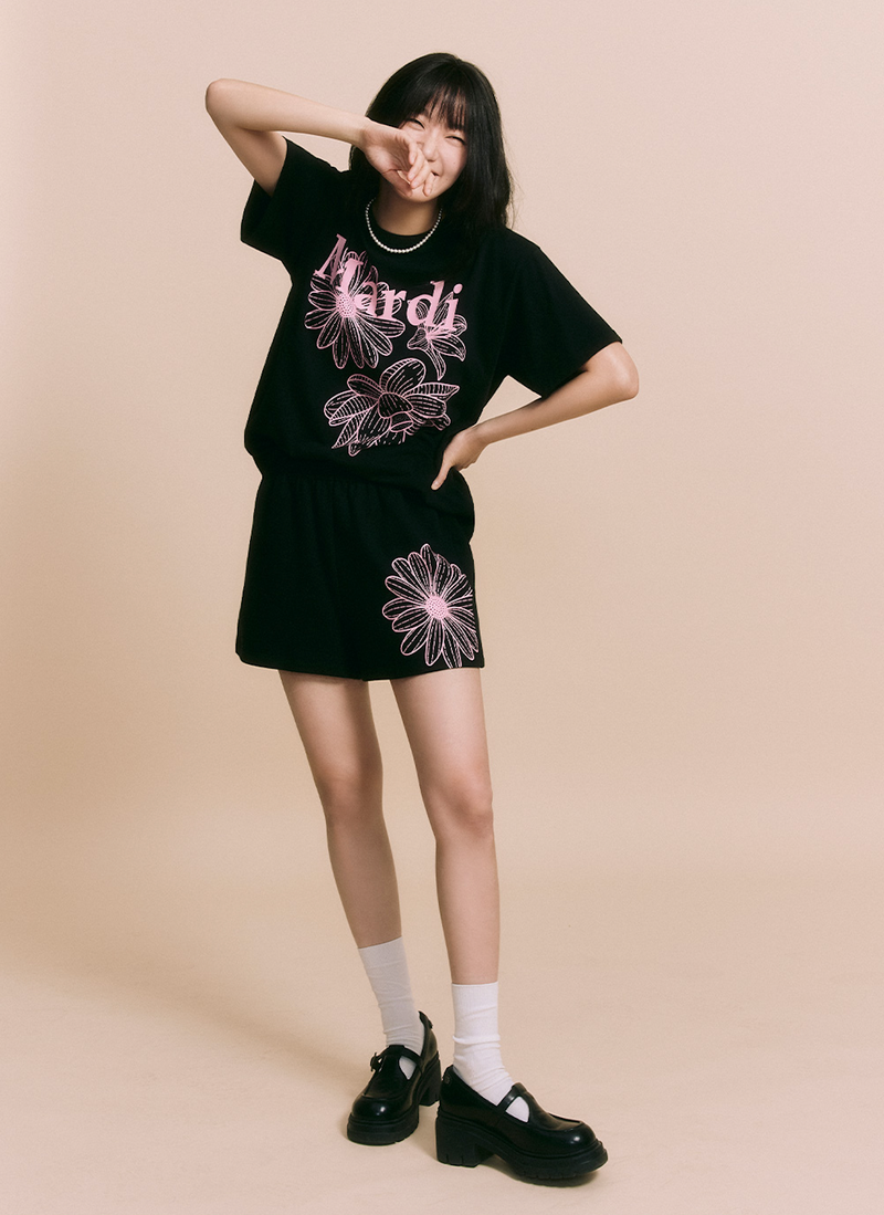 Tshirt Triple Flower Black Pink