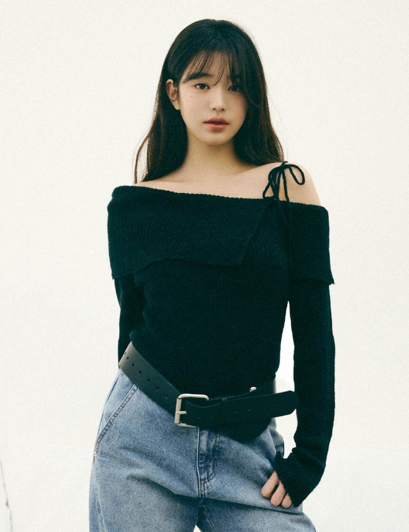 Mohair Wool Blended Off Shoulder Knit Black