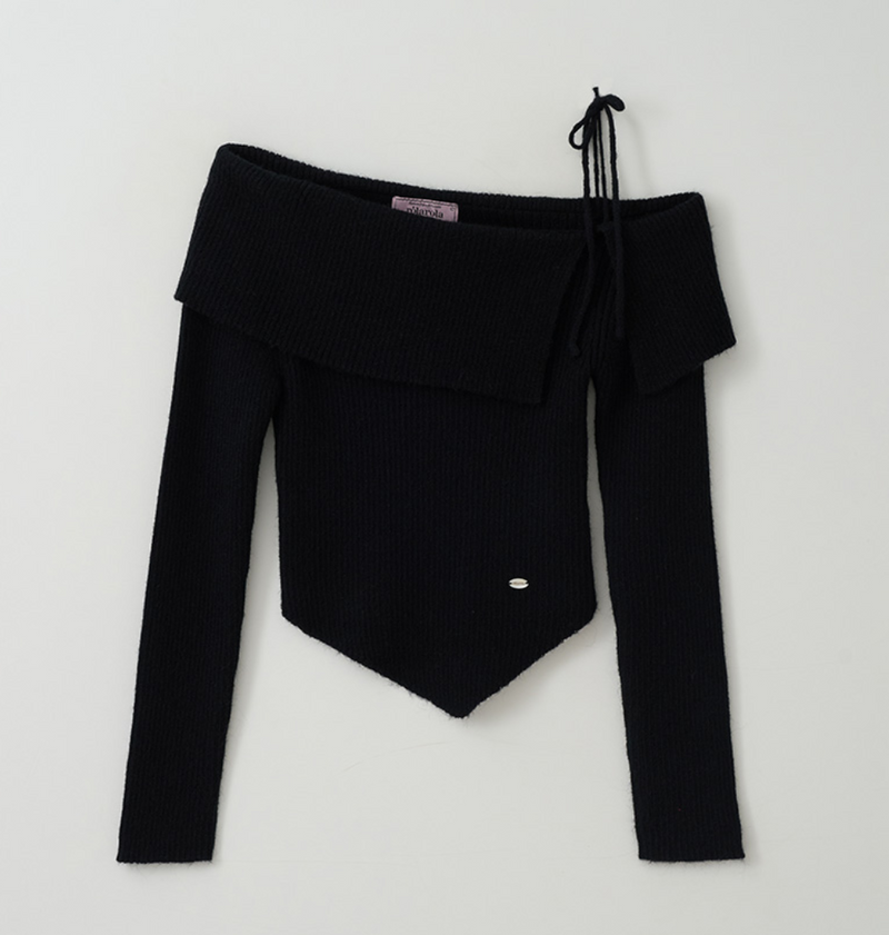 Mohair Wool Blended Off Shoulder Knit Black