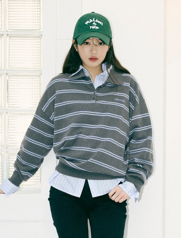 Loose Fit Collar Stripe Knit Deep Grey