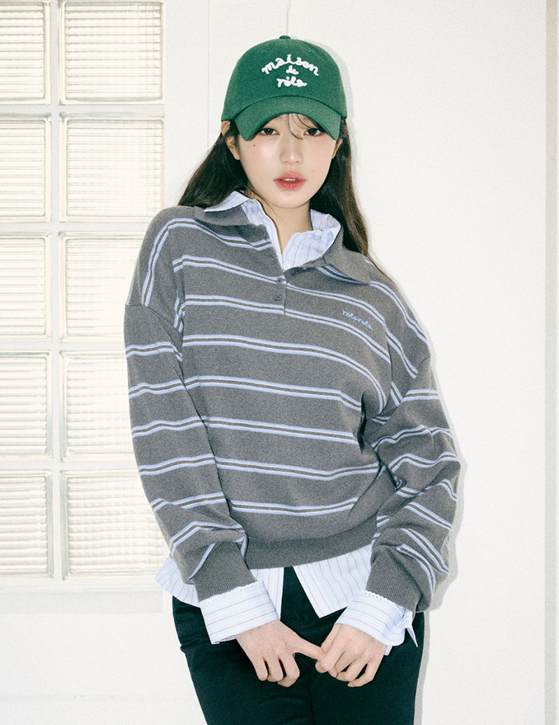 Loose Fit Collar Stripe Knit Deep Grey
