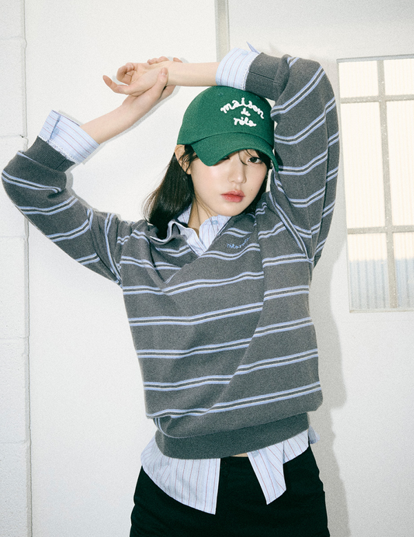 Loose Fit Collar Stripe Knit Deep Grey
