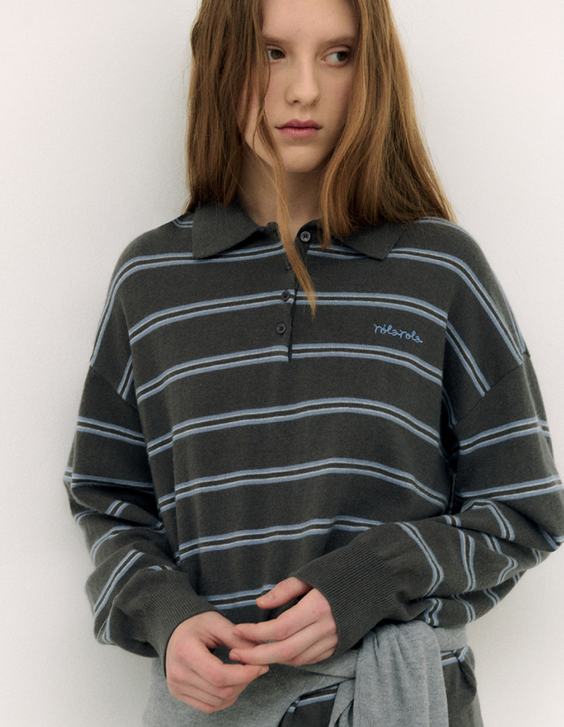 Loose Fit Collar Stripe Knit Deep Grey