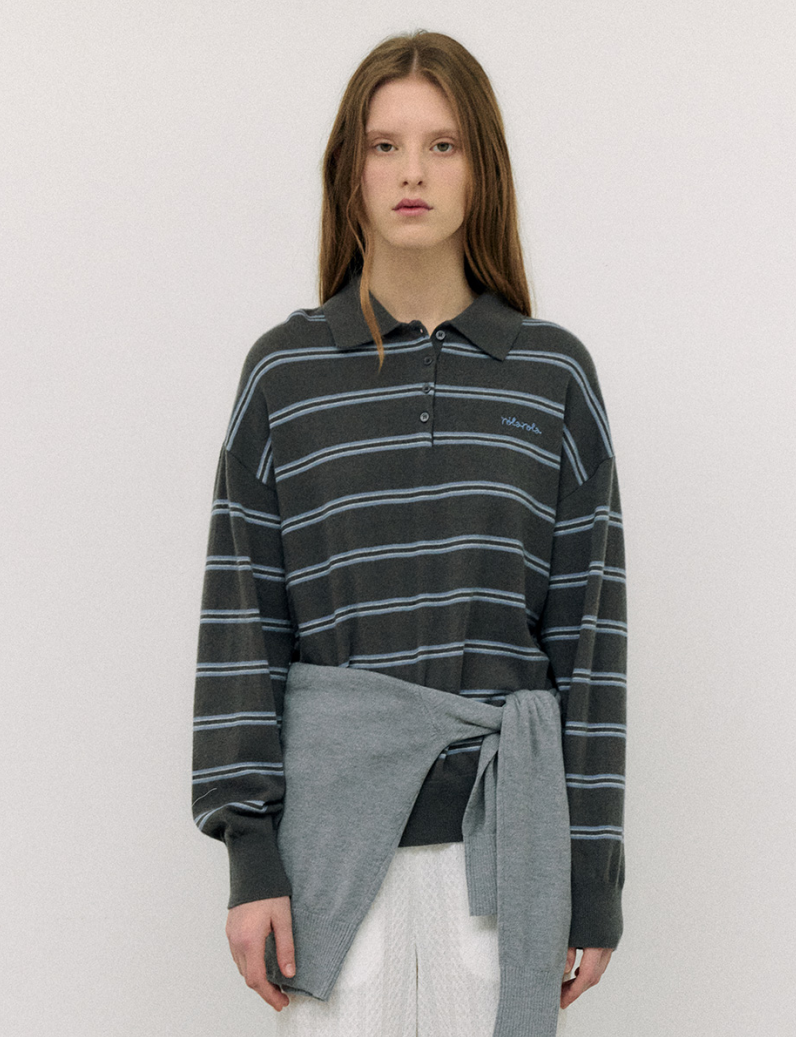 Loose Fit Collar Stripe Knit Deep Grey