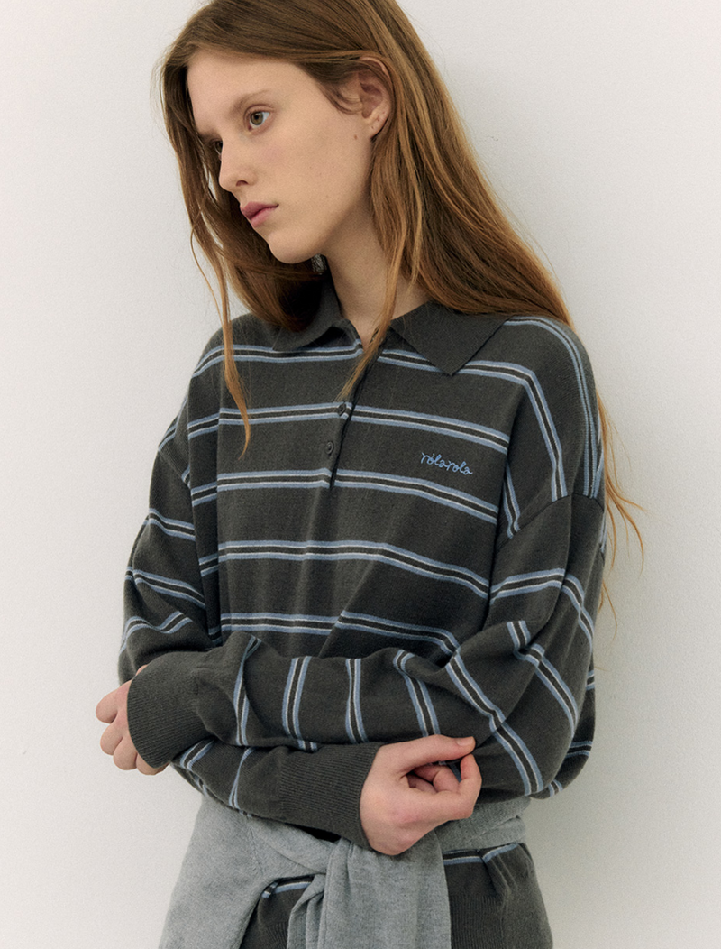 Loose Fit Collar Stripe Knit Deep Grey