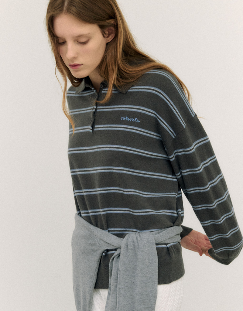 Loose Fit Collar Stripe Knit Deep Grey