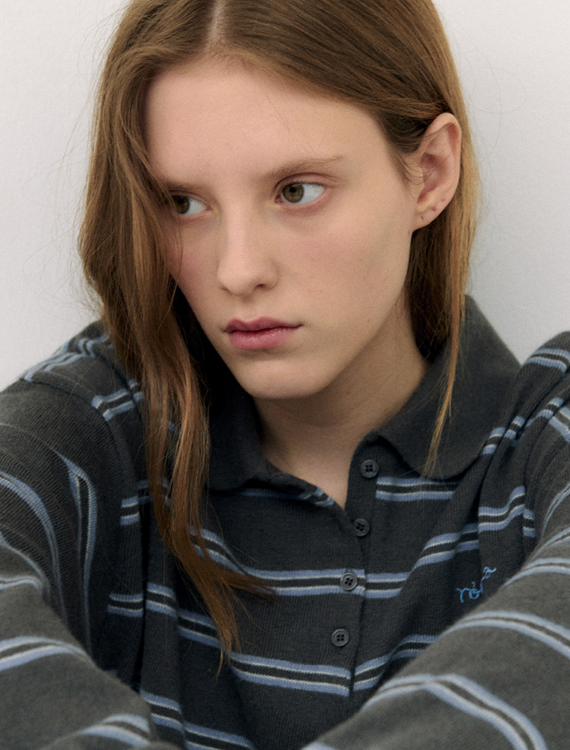 Loose Fit Collar Stripe Knit Deep Grey