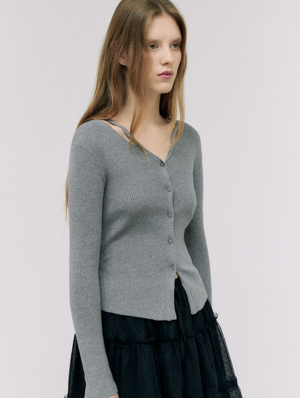 Cut Out Slim Fit Knit Cardigan Grey
