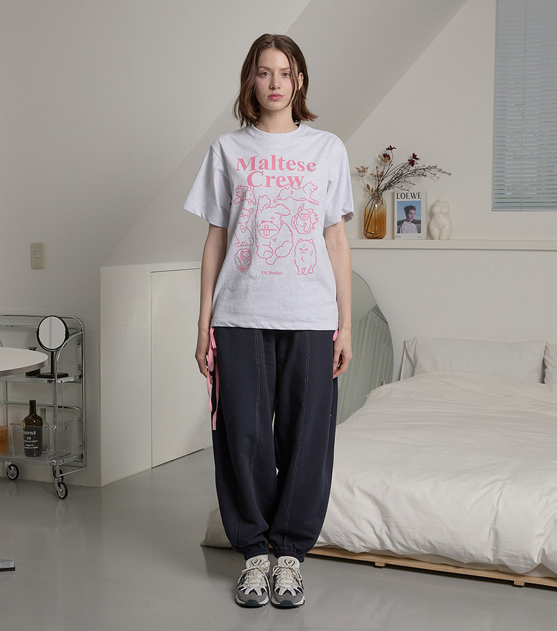 Maltese Crew Line Graphic Half Sleeve T-shirt Melange White