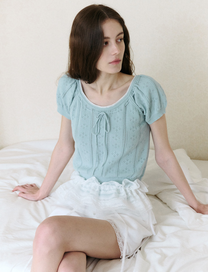 Skashi Ribbon Pointed Half Knit Sky Blue
