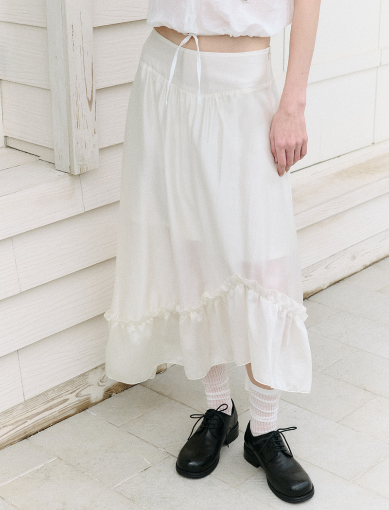 Unbalance Shirring Long Skirt Ivory