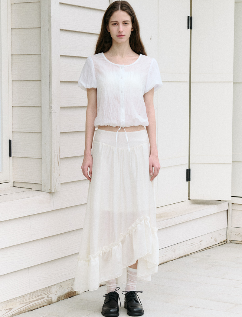 Unbalance Shirring Long Skirt Ivory