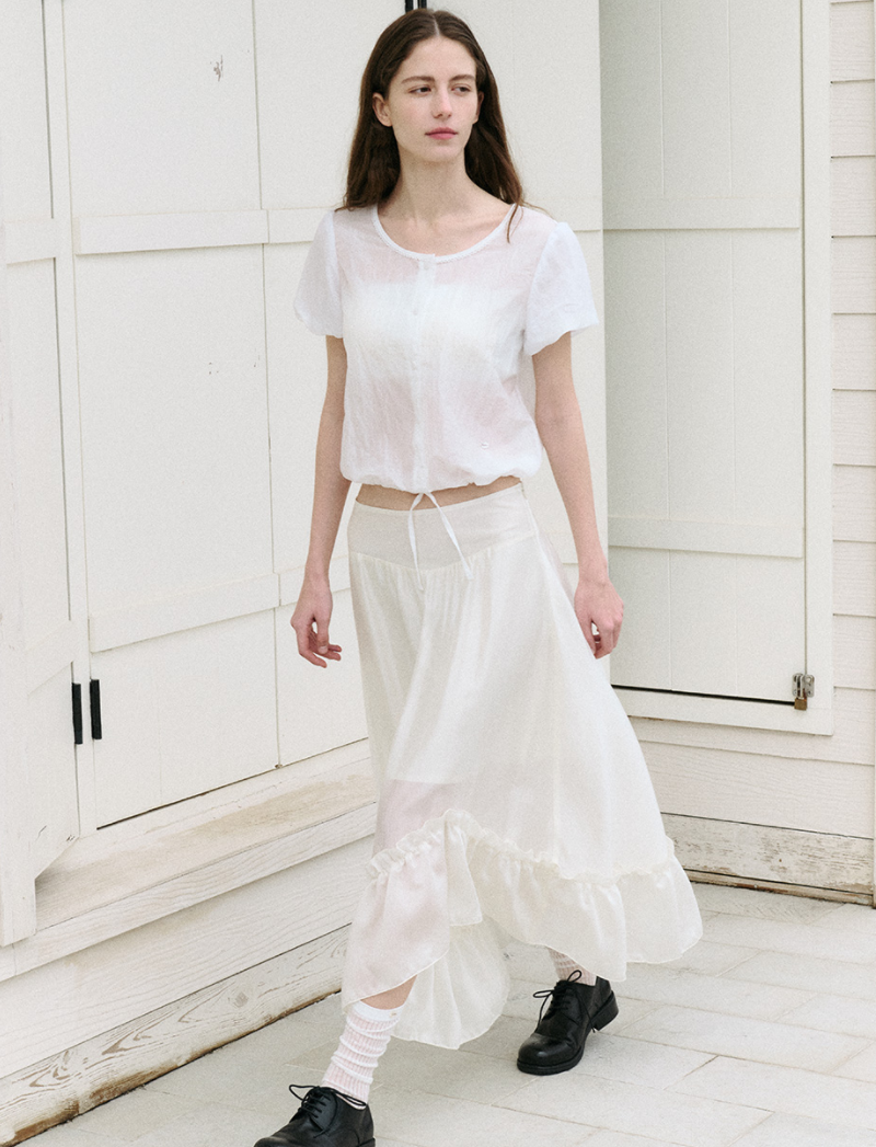 Unbalance Shirring Long Skirt Ivory