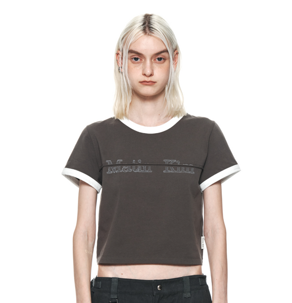 Logo Cutted Ringer Crop Top in Charcoal