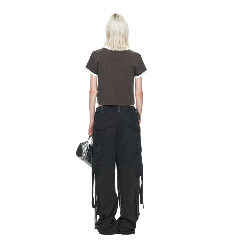 Logo Cutted Ringer Crop Top in Charcoal