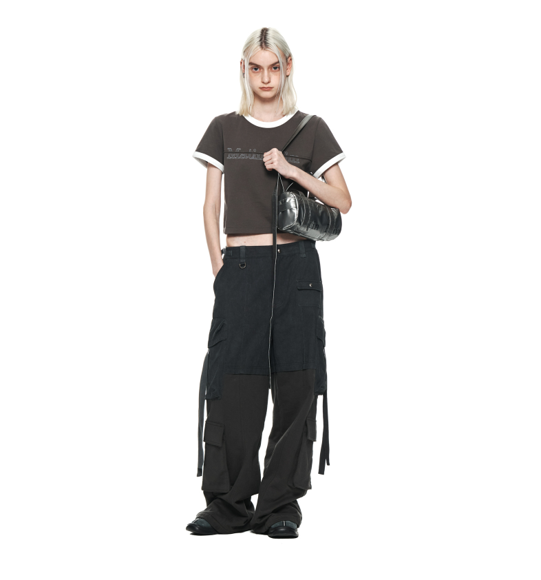 Logo Cutted Ringer Crop Top in Charcoal