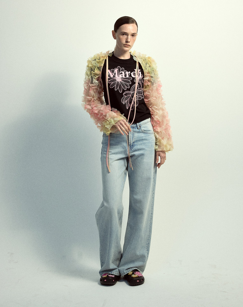 Slim Tshirt Triple Flower Black Pink