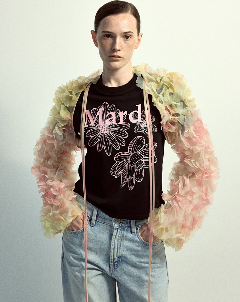 Slim Tshirt Triple Flower Black Pink