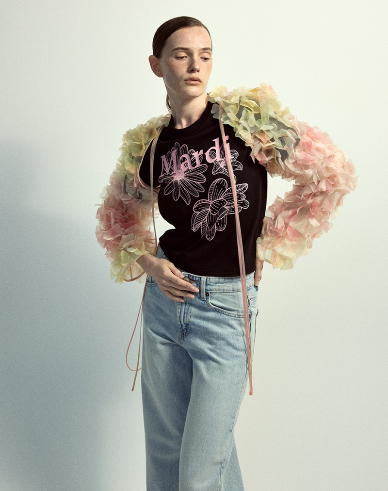 Slim Tshirt Triple Flower Black Pink